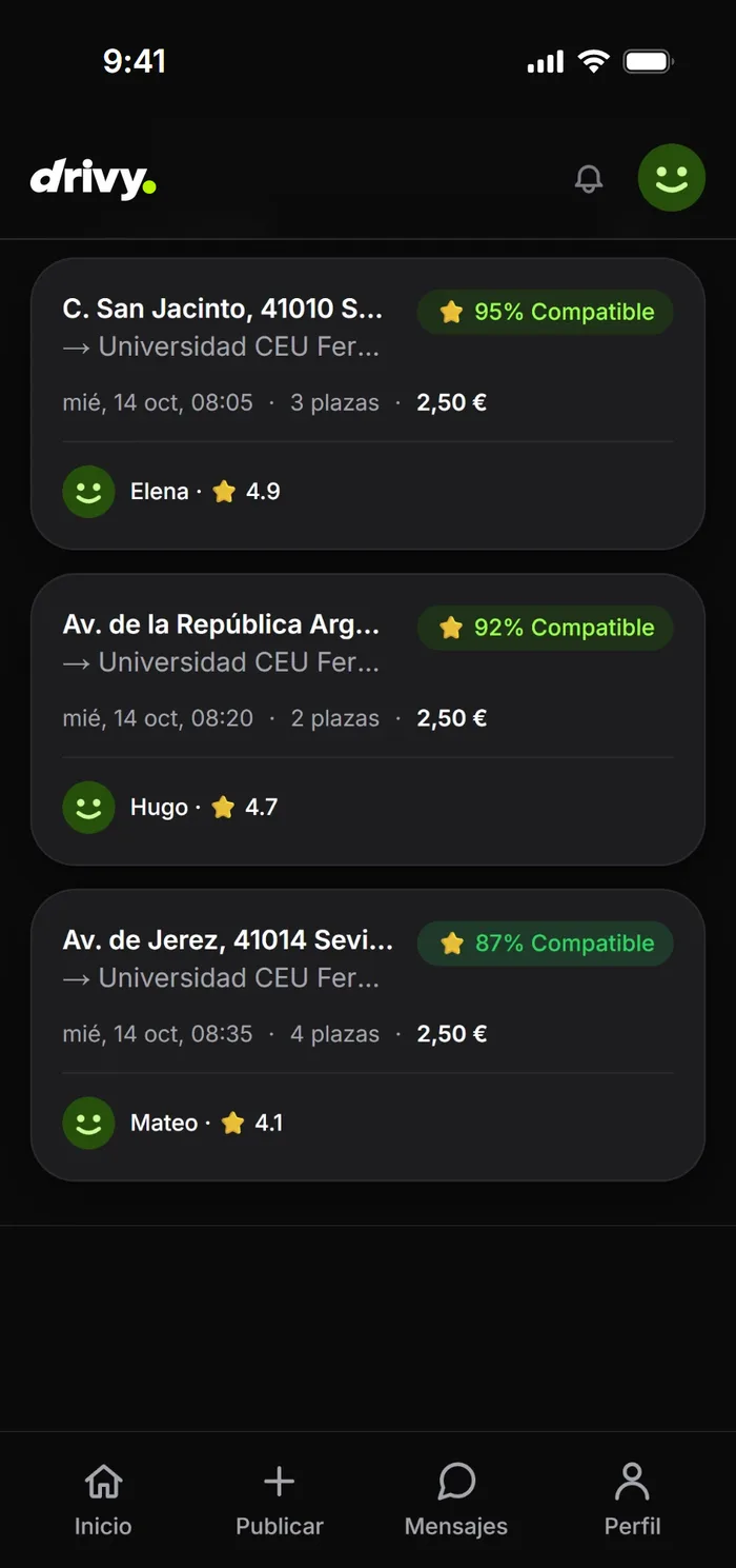 La app de Drivy con tres viajes al CEU Fernando III, cada uno con su porcentaje de compatibilidad: 95, 92 y 87 %