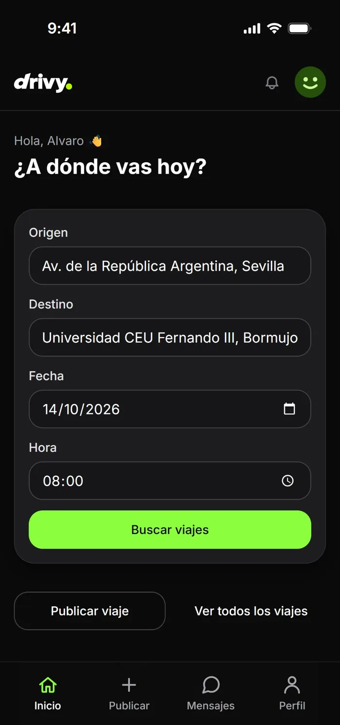 Buscador de la app: origen, destino, fecha y hora